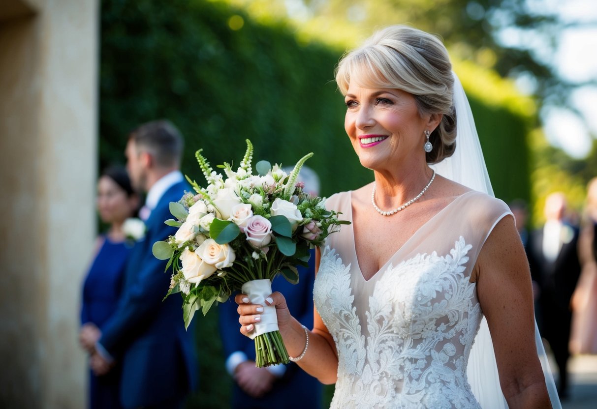 The mother of the bride arrives with a bouquet of flowers in hand, wearing an elegant dress and a warm smile on her face