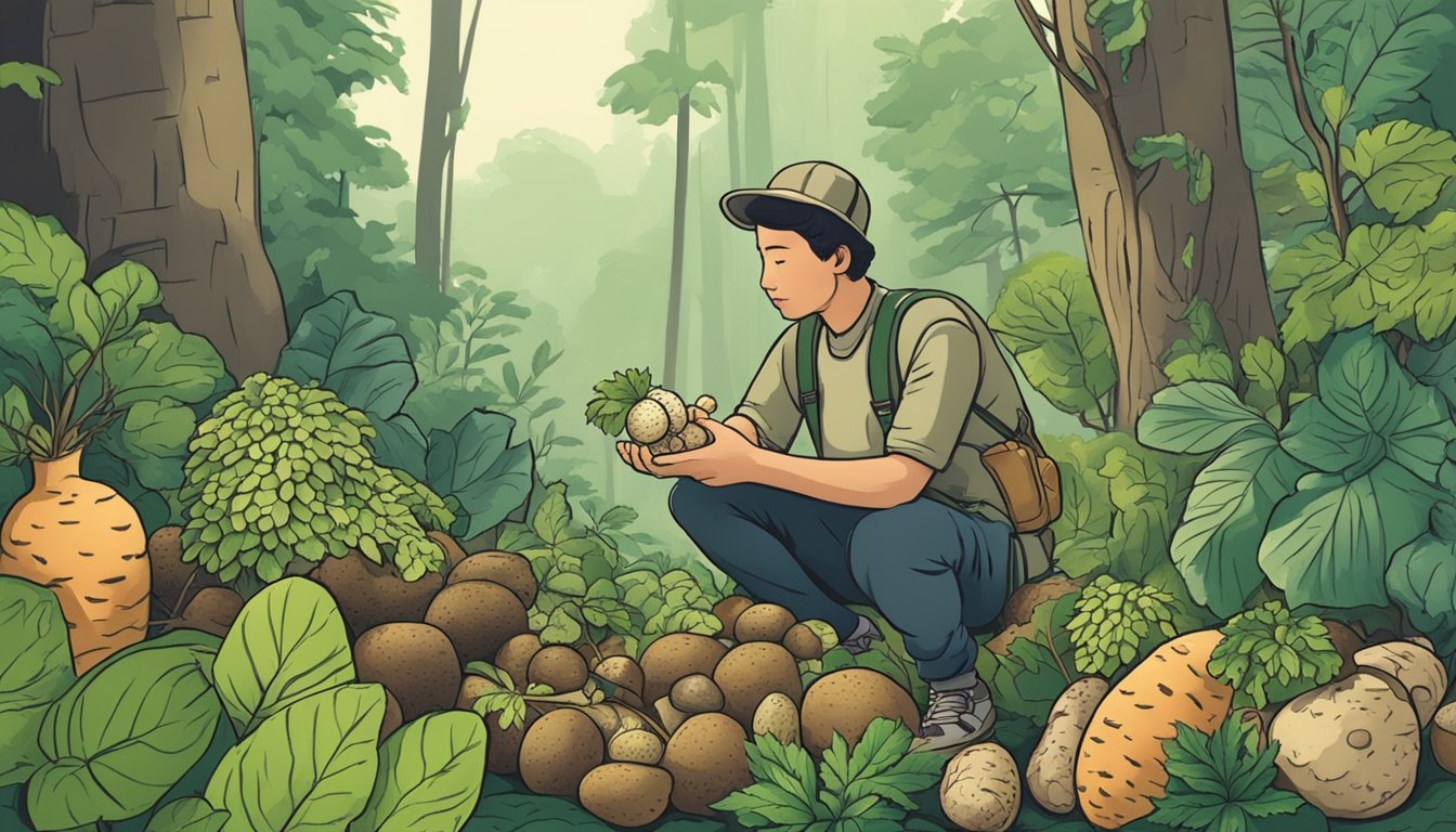 A person gathering wild tubers in a lush forest, with various types of tubers and plants surrounding them. The person is carefully inspecting the tubers for consumption