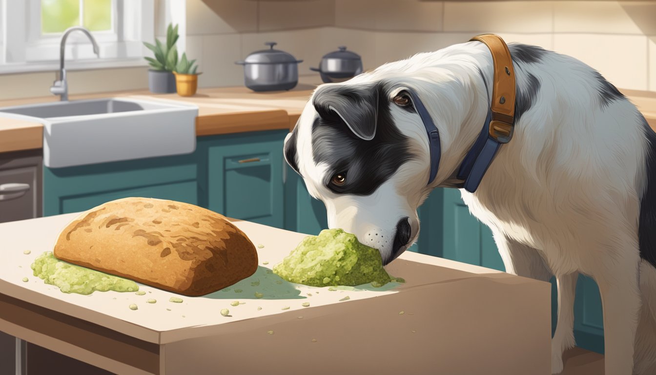 A dog sniffs a loaf of moldy bread on a kitchen counter