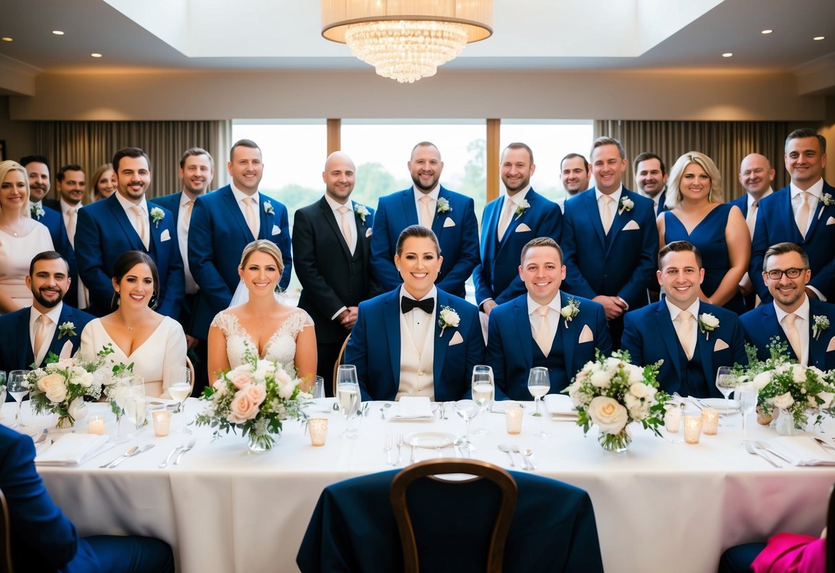 The best man's partner sits at the top table, surrounded by the wedding party and other guests