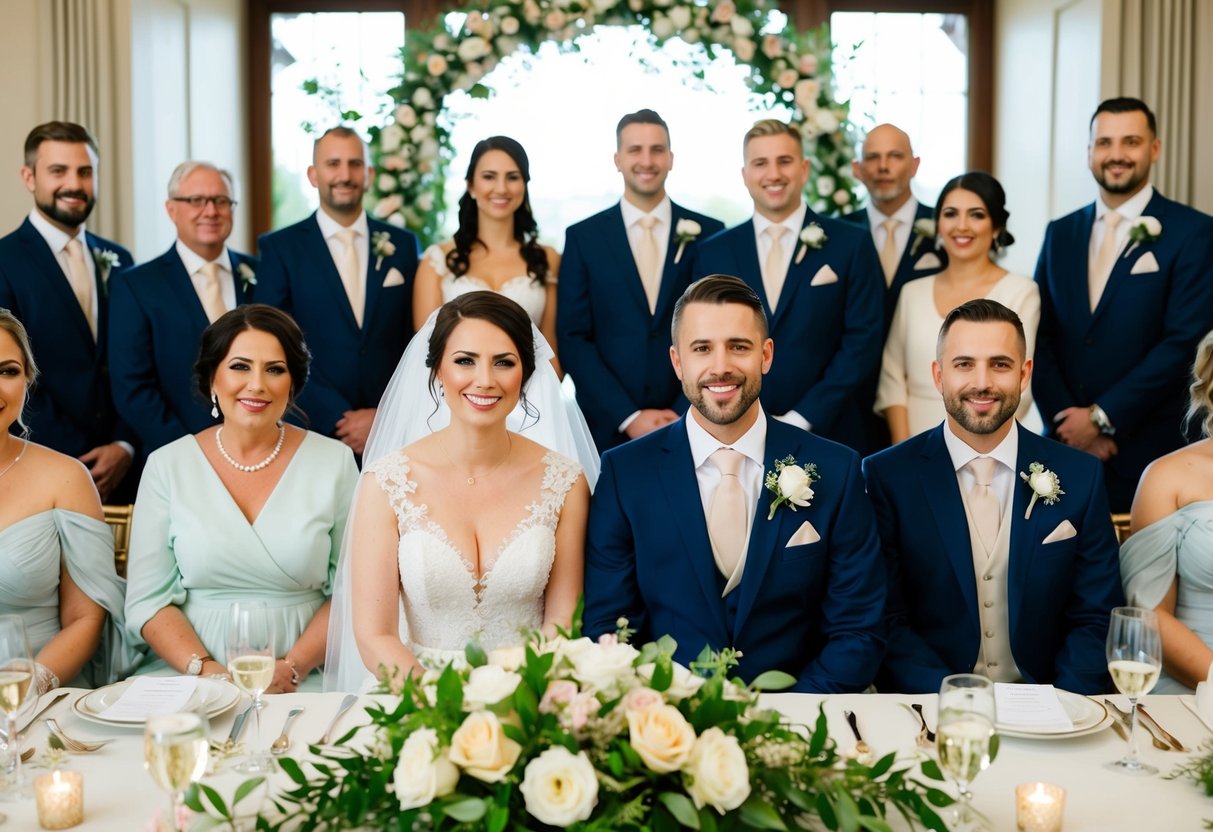 The bride and groom sit together at the center of a beautifully decorated head table, surrounded by their wedding party and closest family members
