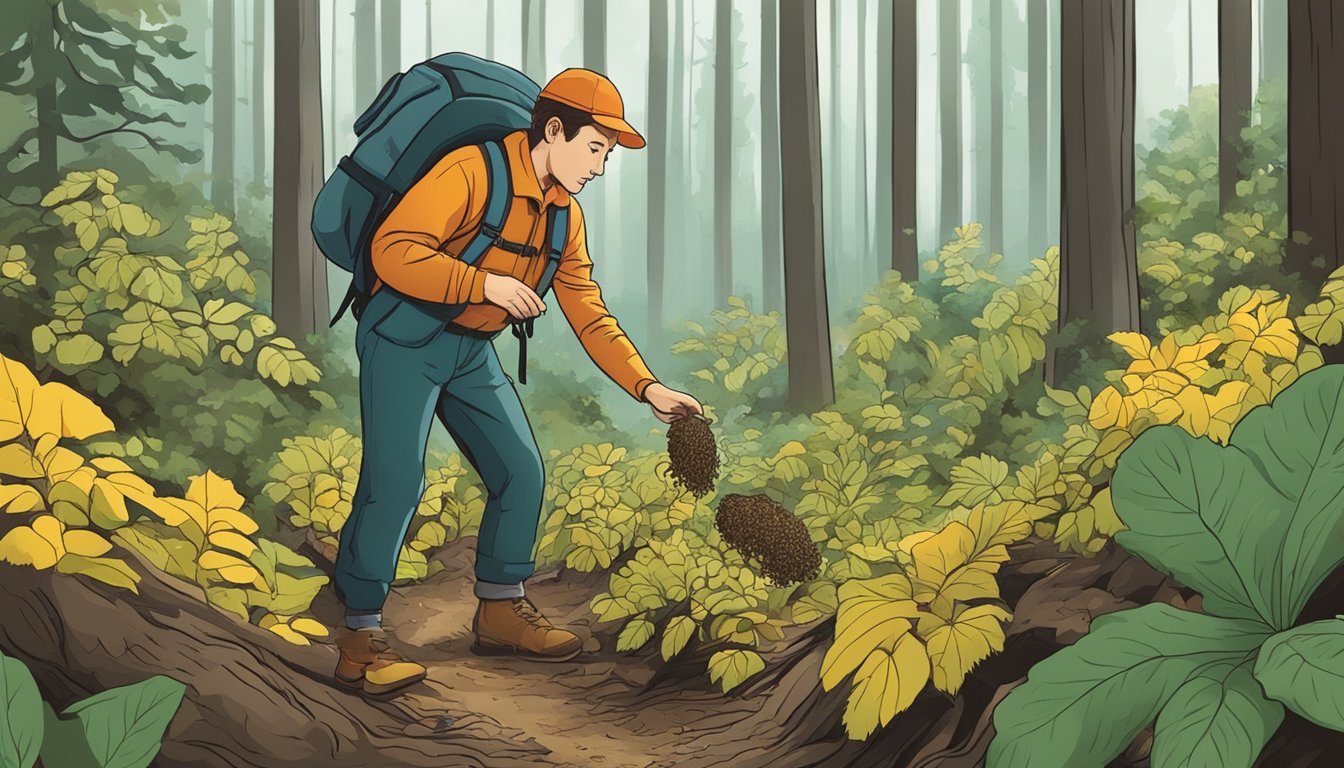 A person foraging in the forest, examining wild tubers with caution