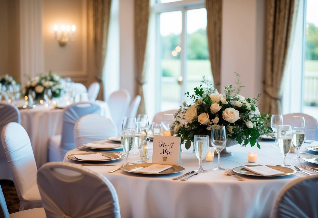 A beautifully set wedding reception table with designated seating for the best man's partner, positioned near the top table