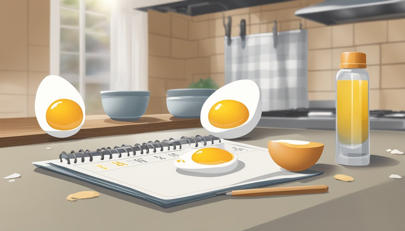 A cracked egg with a foul odor, discolored yolk, and runny whites sits on a kitchen counter next to a calendar showing a date three months prior