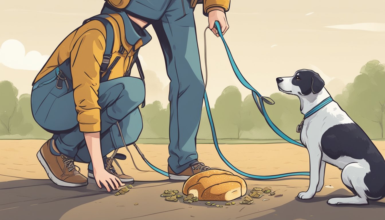 A dog hesitantly sniffs at a piece of moldy bread on the ground, while a concerned owner looks on, holding a leash