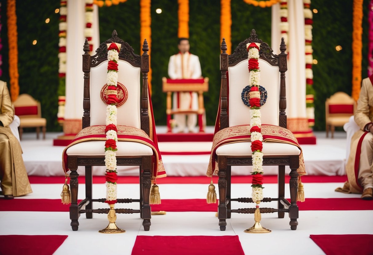 A wedding scene with two chairs, one adorned with symbols of the bride's culture and the other with symbols of the groom's culture, positioned on opposite sides of a beautifully decorated ceremonial space
