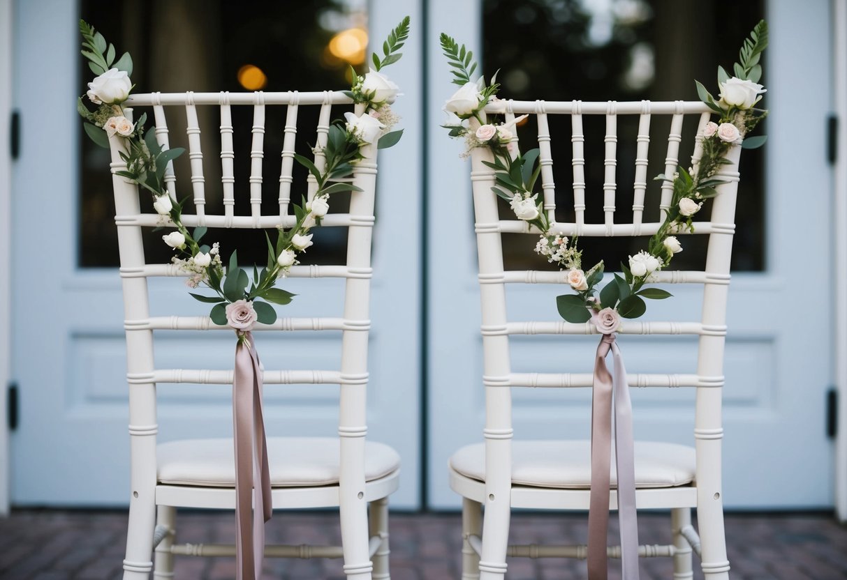 A wedding setting with two chairs adorned with gender-neutral floral decorations, facing each other