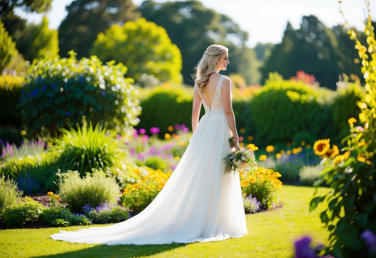 A bride in a flowing white dress stands in a sunlit garden with colorful flowers and greenery all around her