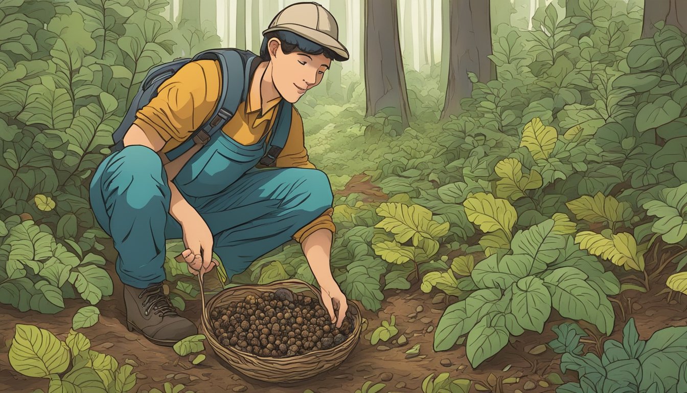 A foraging scene: A person gathering wild tubers from the forest floor, examining them for edibility