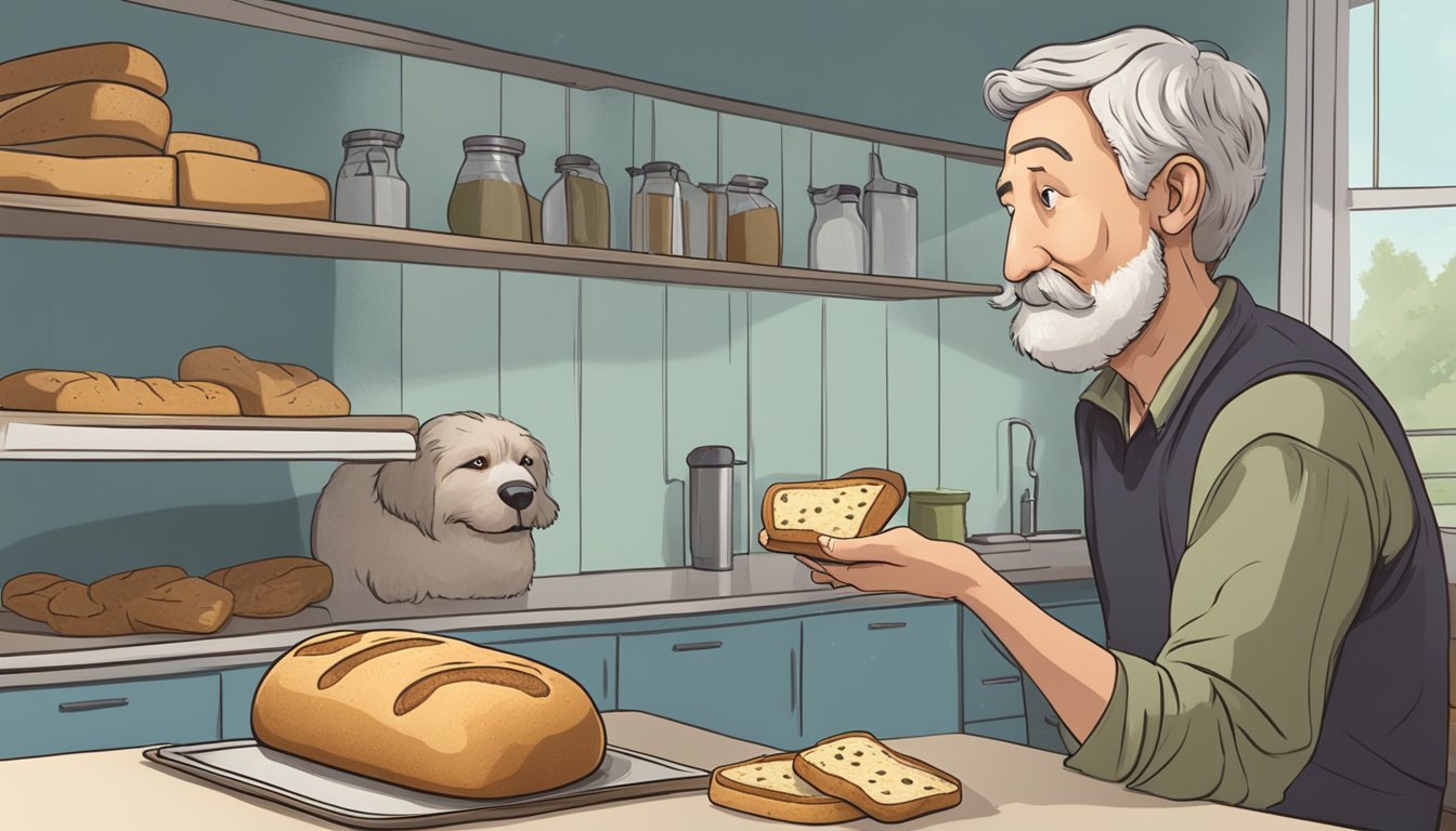 A dog sniffs a loaf of moldy bread while the owner looks concerned