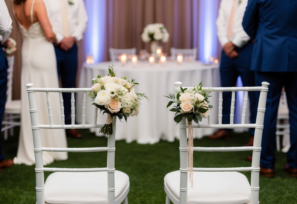 A wedding reception with two empty chairs facing the guests, one adorned with a bride's bouquet and the other with a groom's boutonniere