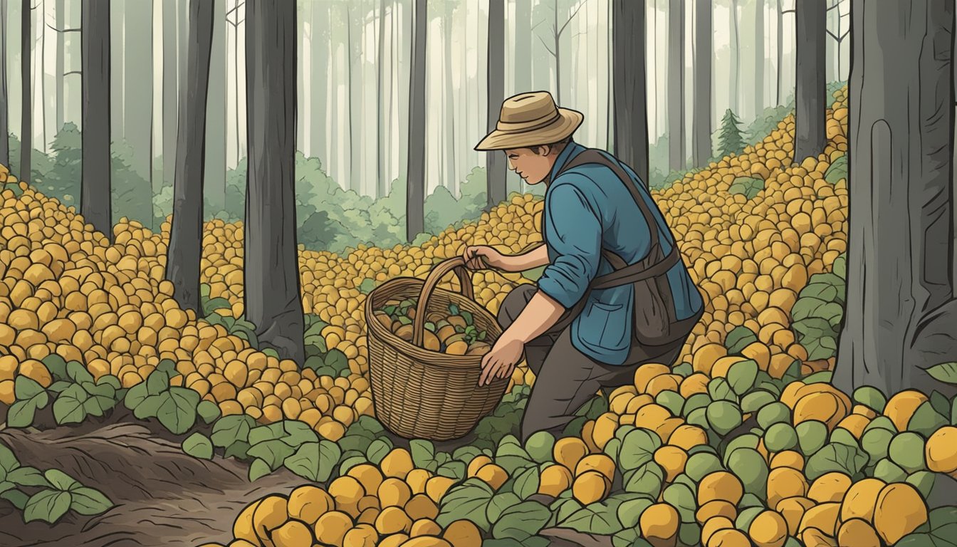 A person foraging for wild tubers in a forest, carefully inspecting and gathering them in a basket