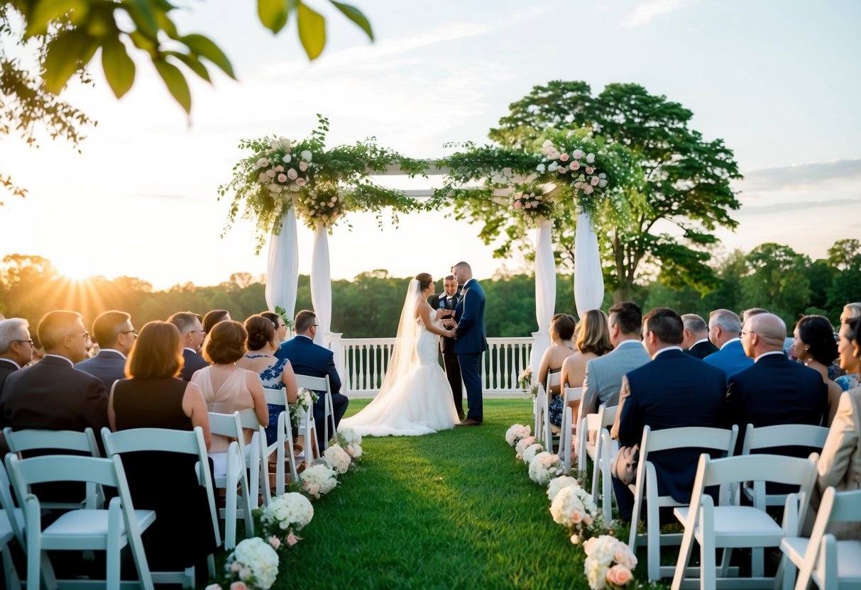 Guests sit in rows of white chairs facing an elegant arbor adorned with flowers. A soft breeze rustles the leaves as the sun sets behind the couple exchanging vows
