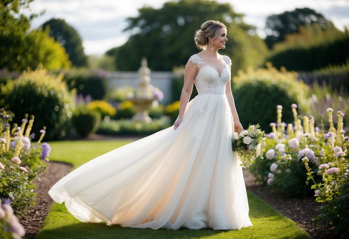 A second-time bride in a flowing ivory gown, with delicate lace detailing and a soft, romantic silhouette, standing in a garden surrounded by blooming flowers