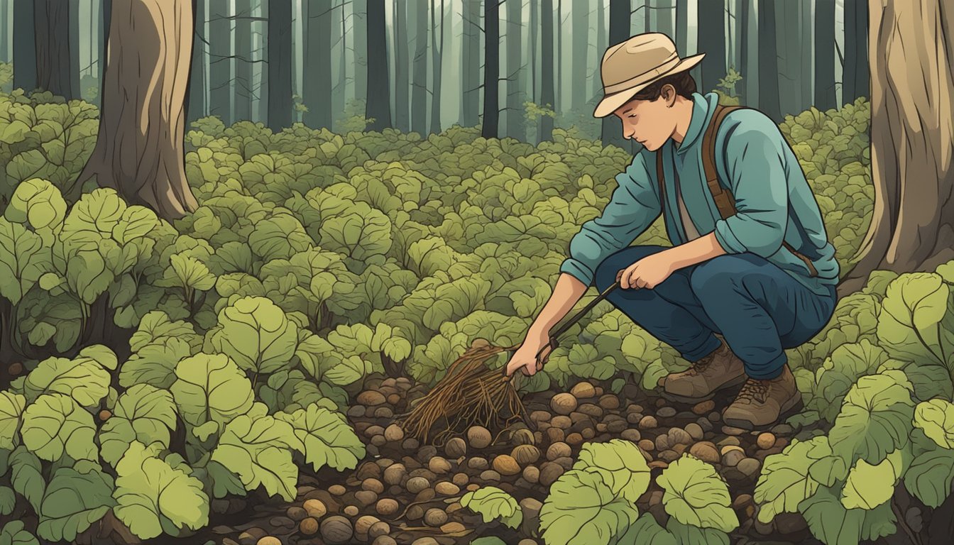 A person gathering wild tubers from the forest floor