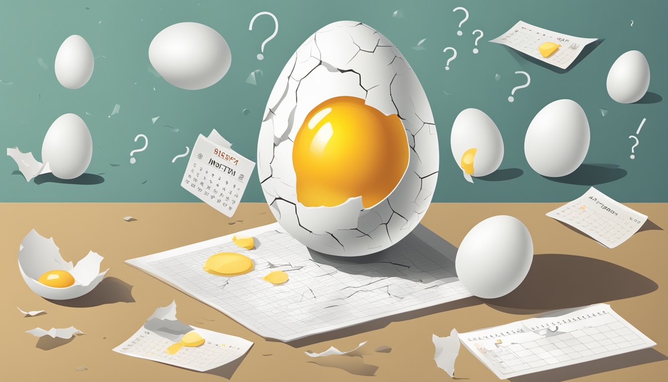 A cracked egg with a foul odor, surrounded by question marks and a calendar showing three months passing