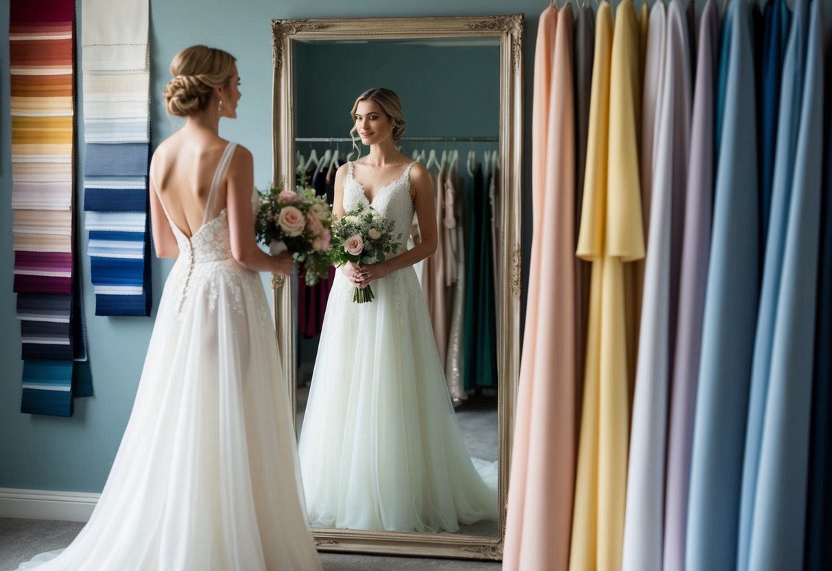 A bride in a flowing, elegant dress stands in front of a mirror, surrounded by swatches of fabric in various colors. She holds a bouquet of flowers, contemplating her choice