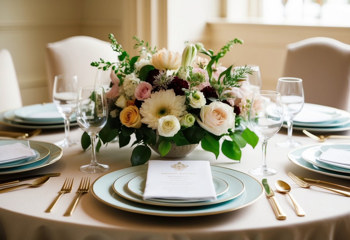 A beautifully set table with elegant place settings and a centerpiece of fresh flowers