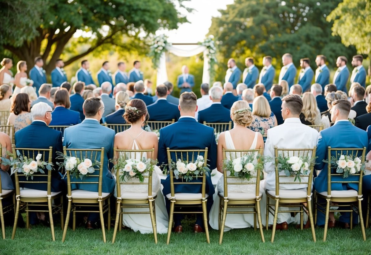 Guests sit on cushioned chairs with floral decorations, arranged in neat rows facing the wedding altar. A gentle breeze rustles through the outdoor ceremony space, adding a touch of natural serenity