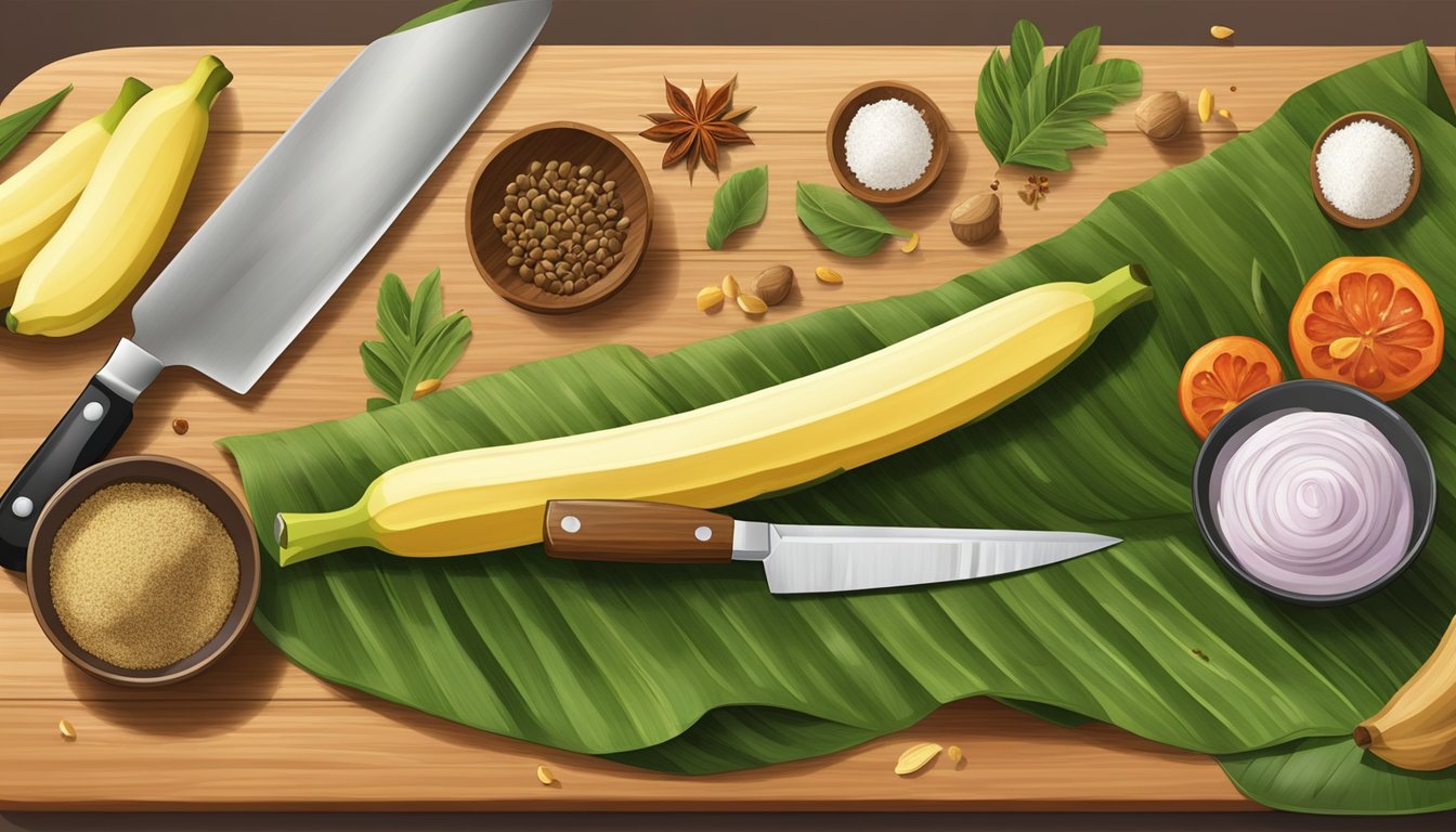 A banana leaf is laid out on a wooden cutting board, with various ingredients and spices arranged around it. A chef's knife is positioned nearby, ready to prepare the leaf for culinary use