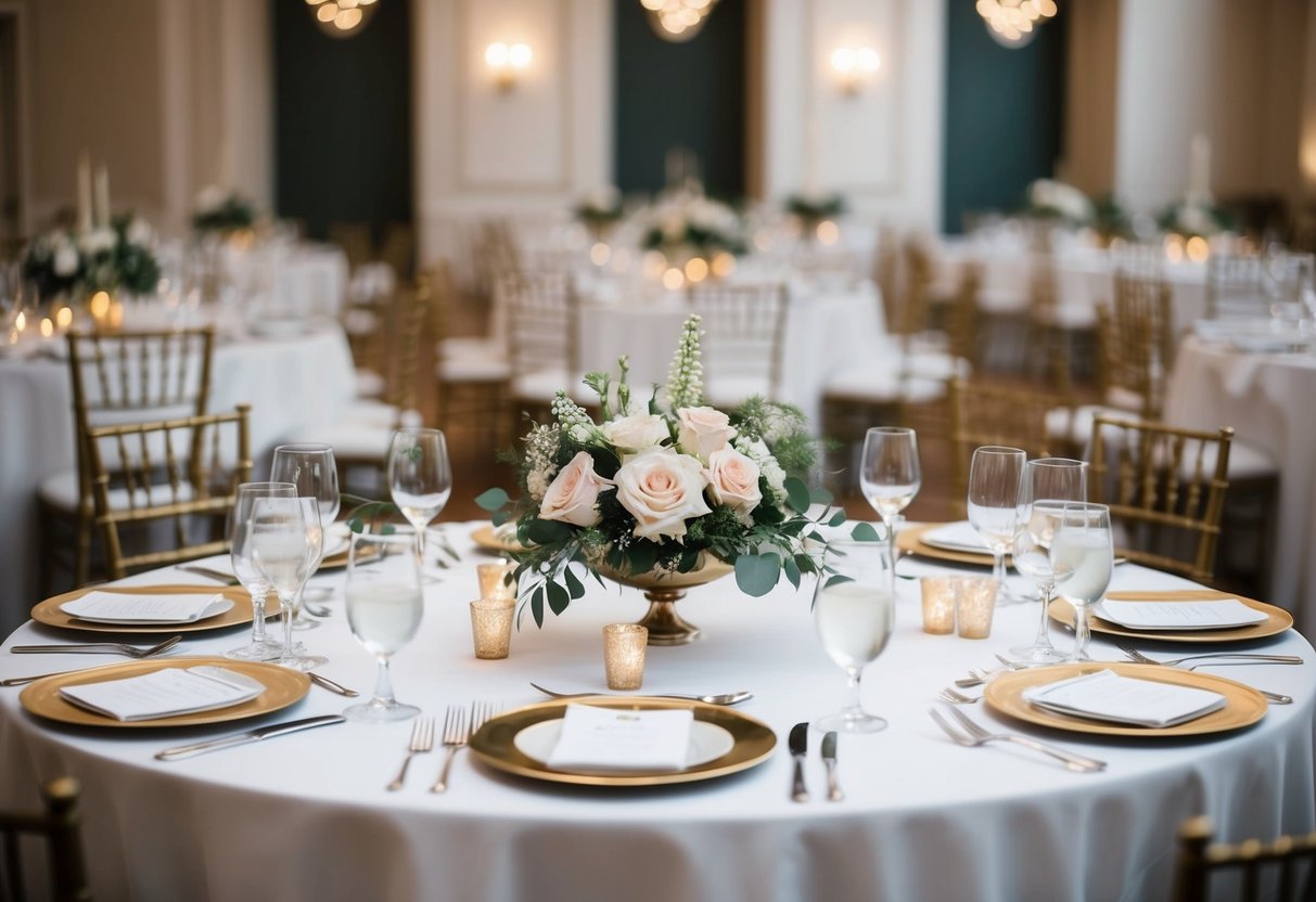 A beautifully decorated table with elegant place settings and floral centerpieces, set apart from the others, awaits the special guests at the wedding