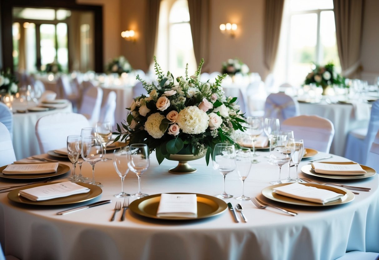 A round table with elegant floral centerpieces and place settings for the wedding party