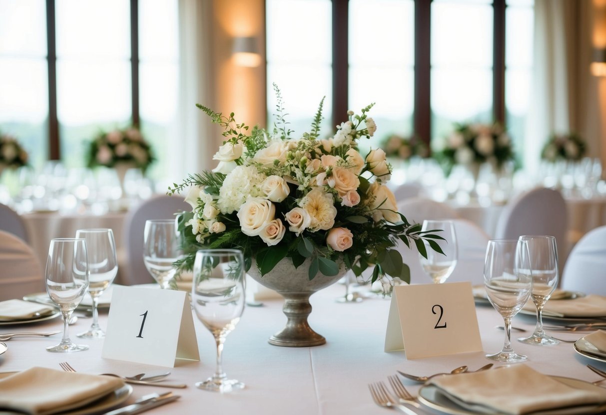 Elegant table setting with floral centerpieces and place cards for table 1 at a wedding