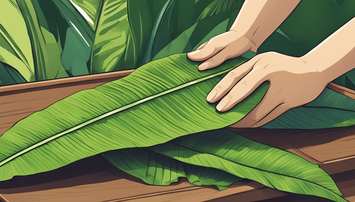 A person placing a freshly washed banana leaf on a clean surface, ready for use