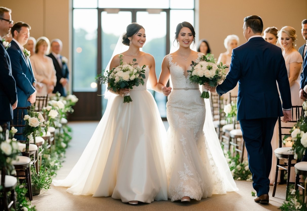 A figure in a flowing gown walks alongside the bride, both carrying bouquets, as they move down the aisle