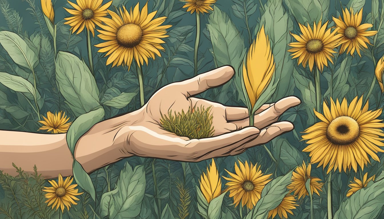 A hand reaching for wild seeds with a caution sign in the background