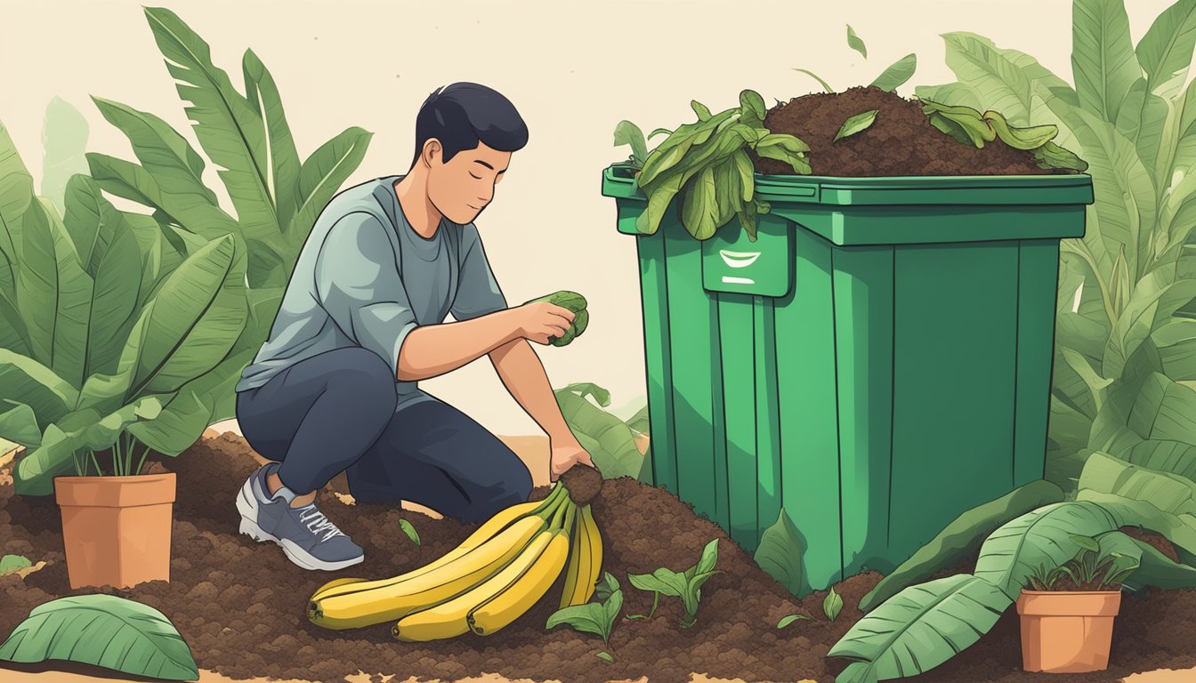 A person placing a banana leaf in a compost bin surrounded by various organic waste, with a healthy green plant growing nearby