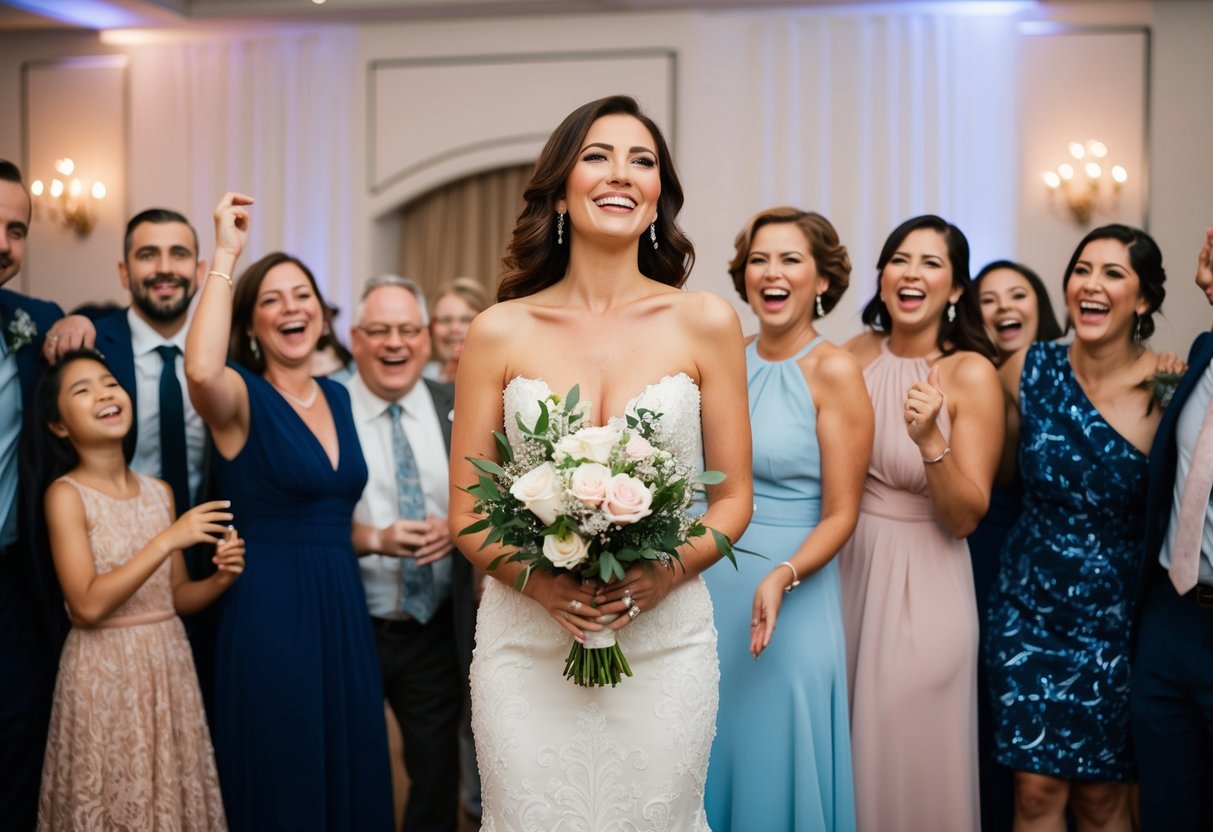 A woman in an elegant dress, holding a bouquet, surrounded by joyful family and friends at a wedding reception
