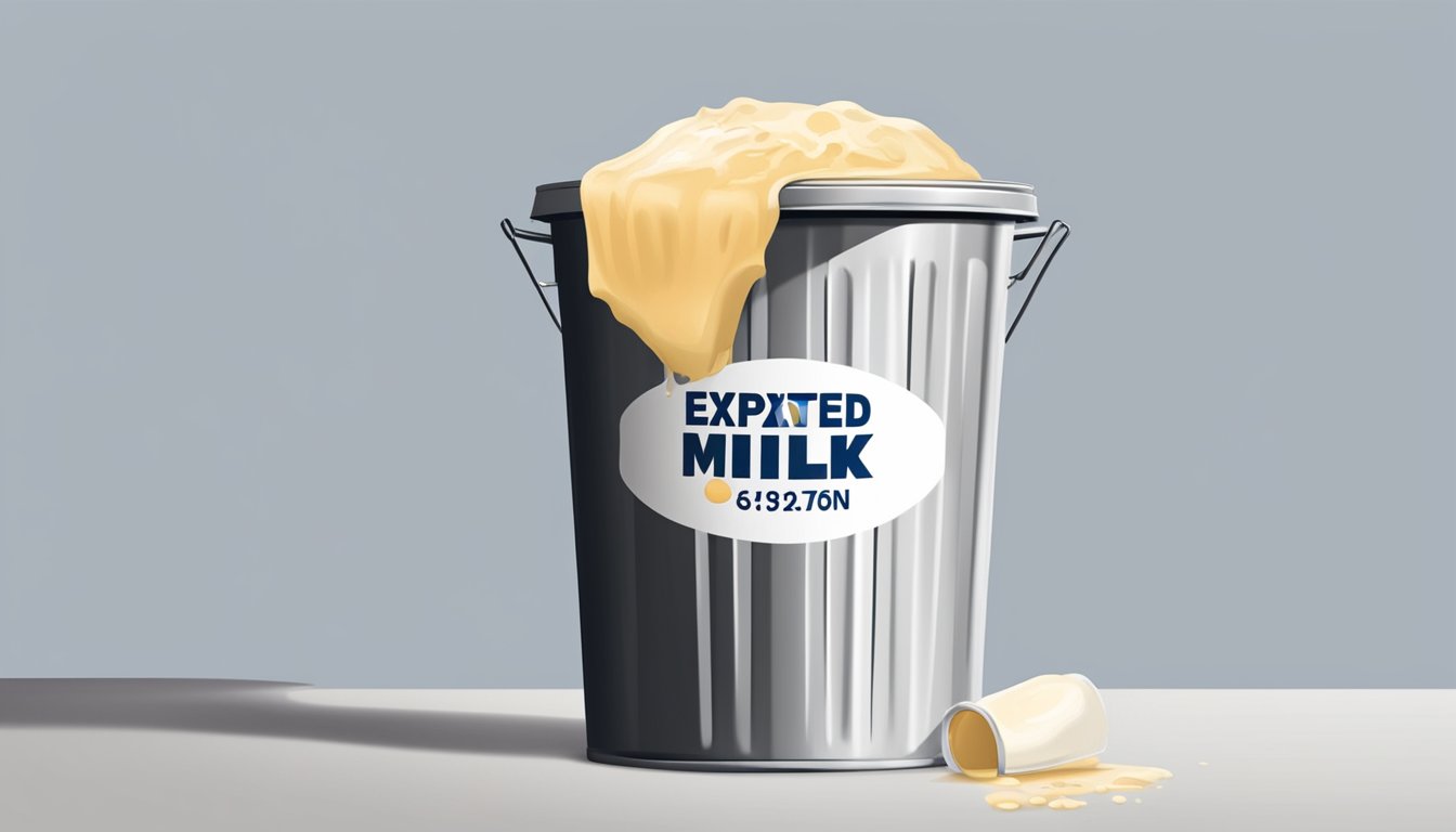 An open can of expired condensed milk next to a trash bin, with a label showing the expiration date