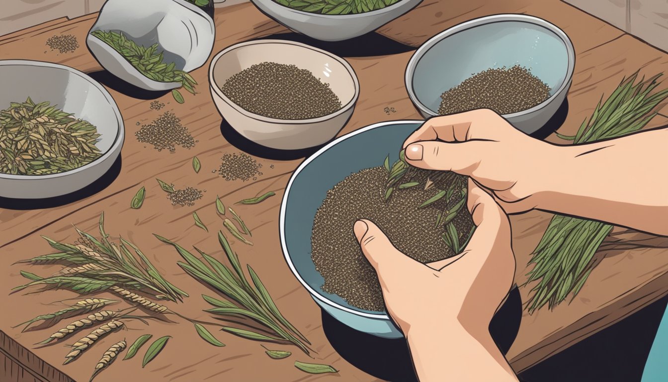 A pair of hands carefully inspecting and washing wild seeds, then placing them in a bowl for preparation