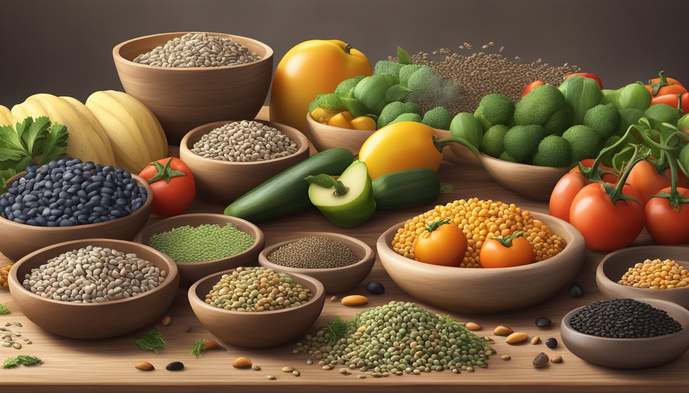 A variety of wild seeds scattered on a wooden cutting board surrounded by fresh fruits and vegetables, with a bowl of mixed seeds in the background