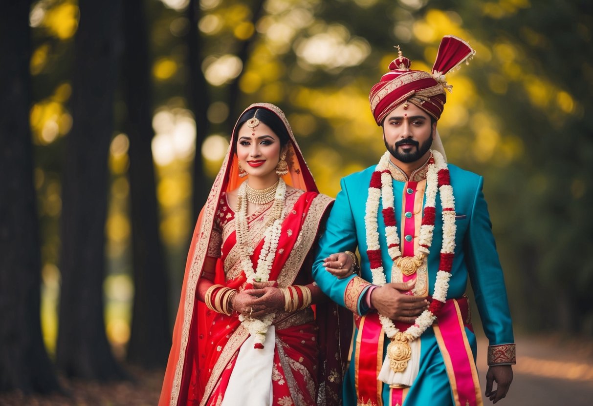 A figure in traditional attire accompanies the bride, symbolizing cultural and religious influences