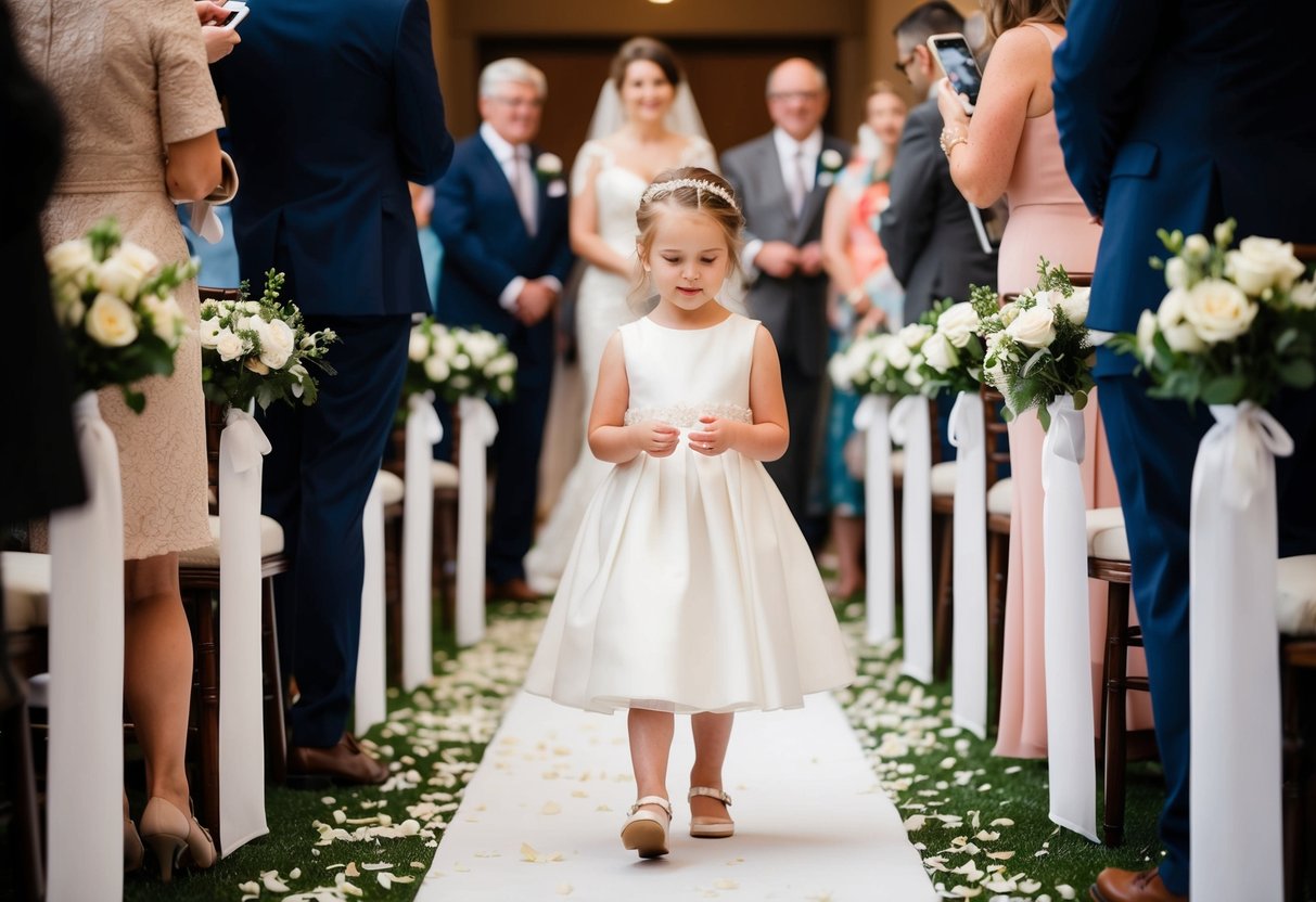 A flower girl walks down the aisle scattering petals in front of the bride