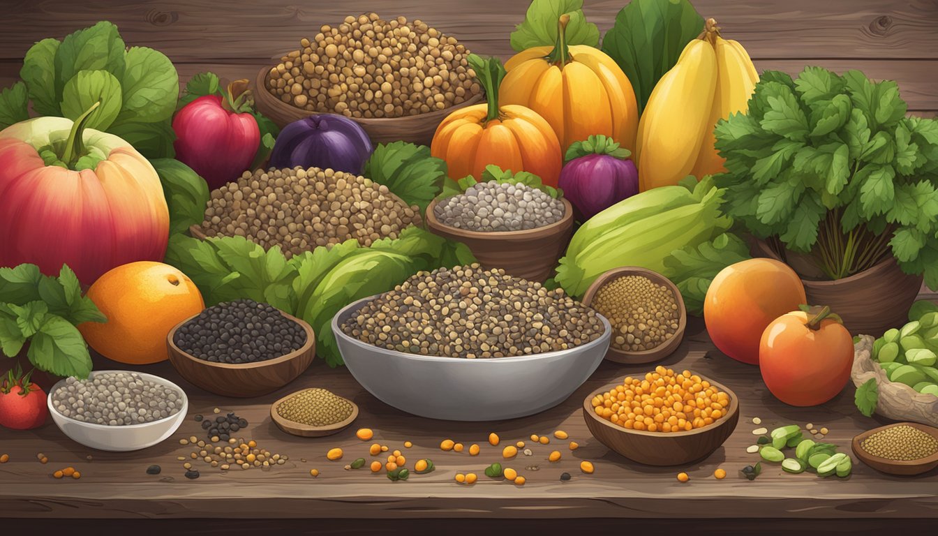 A variety of wild seeds scattered on a rustic wooden table, surrounded by vibrant fruits and vegetables. A small sign indicates "Wild Seeds - Caution: Do Not Consume Raw."