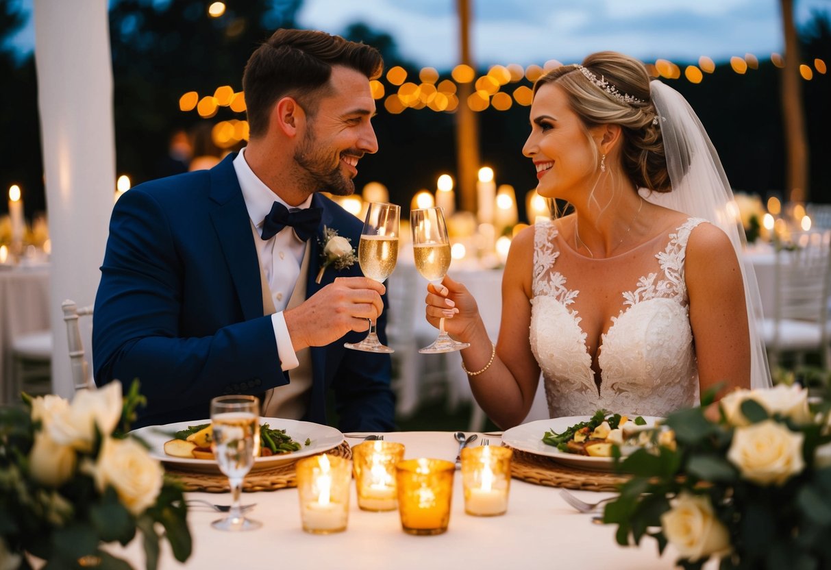 The bride and groom sit at a candlelit table, sharing a meal and toasting to their future together