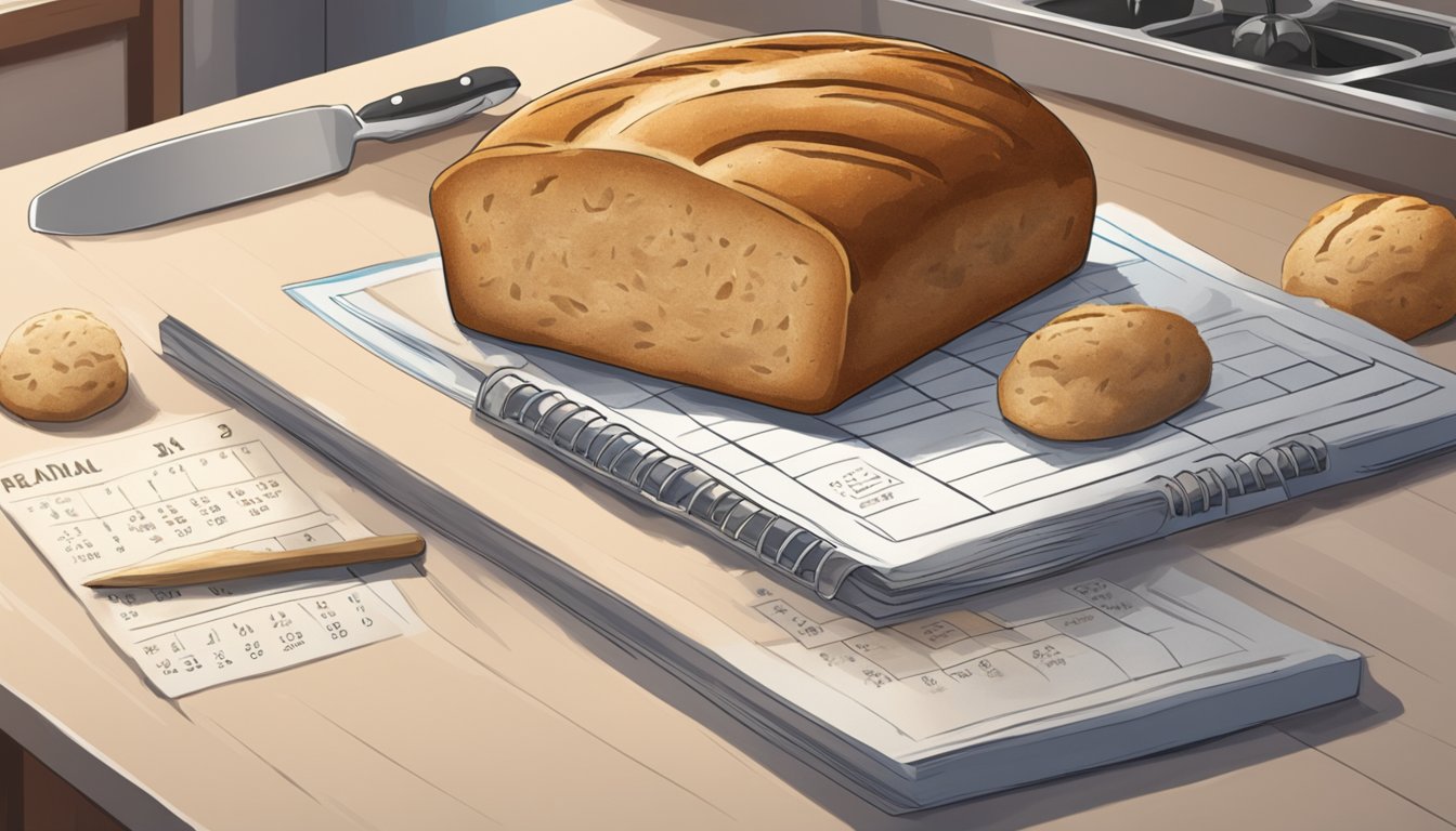 A loaf of bread sits on a kitchen counter, surrounded by a calendar showing four days have passed. The bread appears slightly dried out but otherwise intact