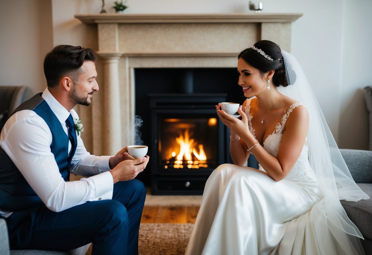 The bride and groom sit by a cozy fireplace, sipping herbal tea and enjoying a calming aromatherapy session before their wedding day