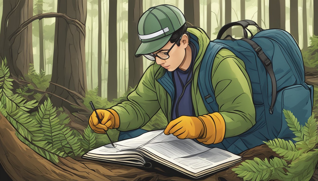 A person carefully examining various wild roots in a forest, using a guidebook and wearing gloves for safety