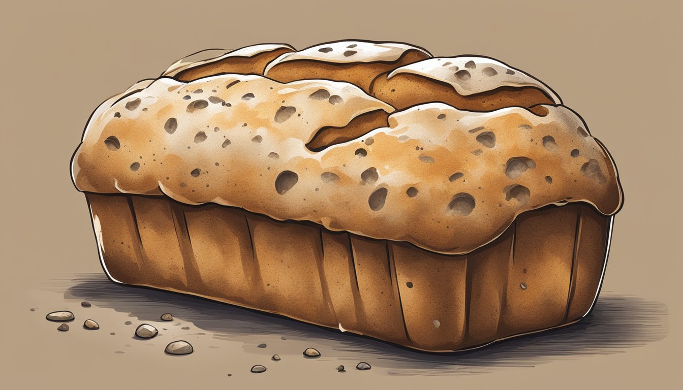 A loaf of bread sitting on a kitchen counter, with visible signs of mold and decay