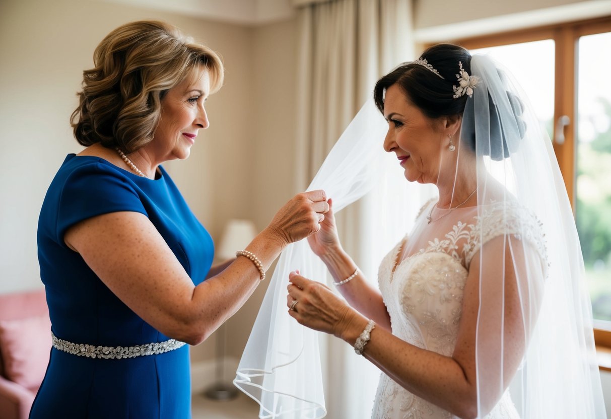 A mother of the bride gently adjusts her daughter's veil, offering words of love and support as they prepare for the wedding ceremony