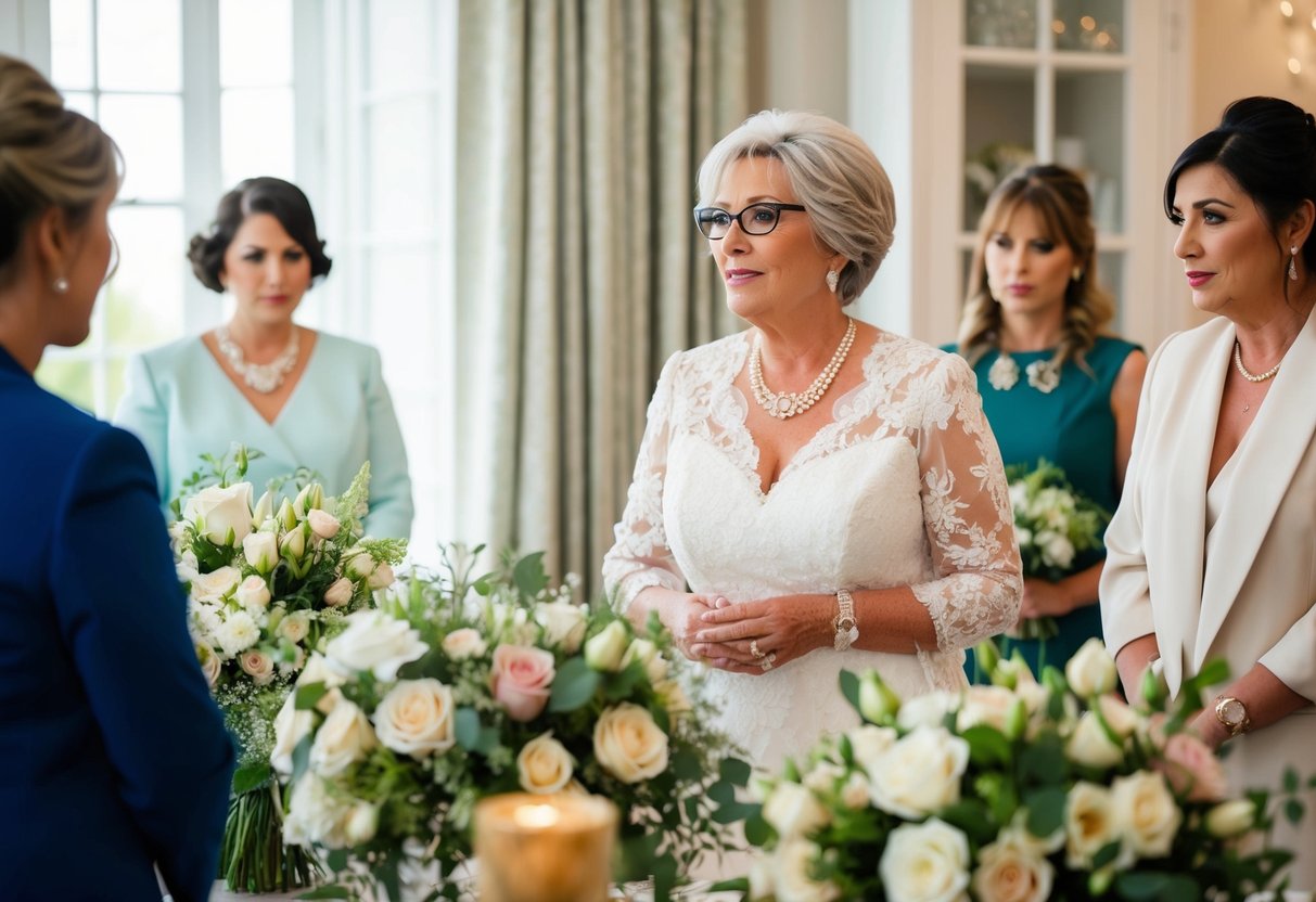The mother of the bride oversees the floral arrangements and decor, ensuring everything is perfect for her daughter's special day
