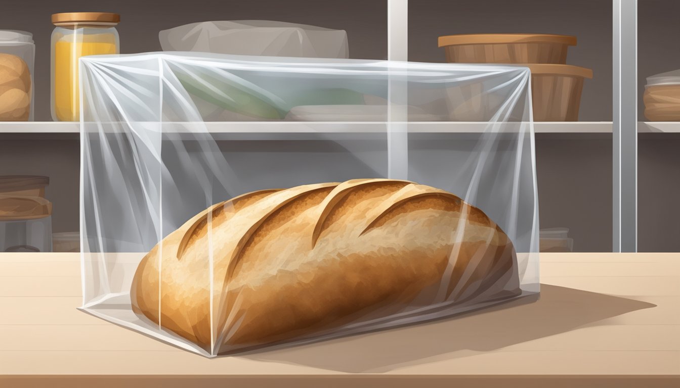 A loaf of bread sits on a clean, dry shelf in a pantry, sealed in a plastic bag. The surrounding area is free from any signs of mold or moisture