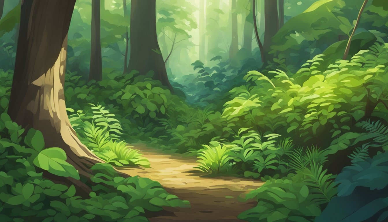 A lush forest floor with various wild roots protruding from the earth, surrounded by vibrant green foliage and dappled sunlight