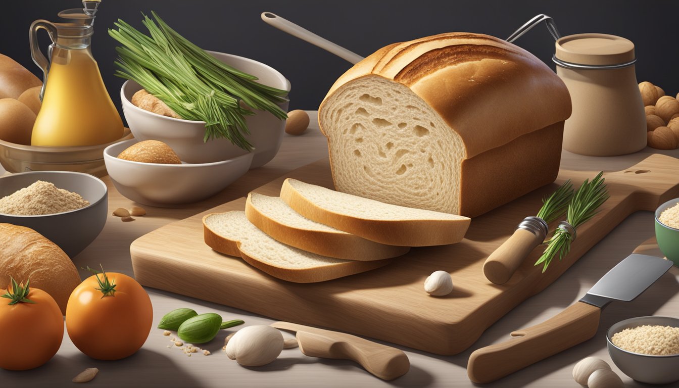 A loaf of stale bread sits on a cutting board, surrounded by various ingredients and kitchen utensils