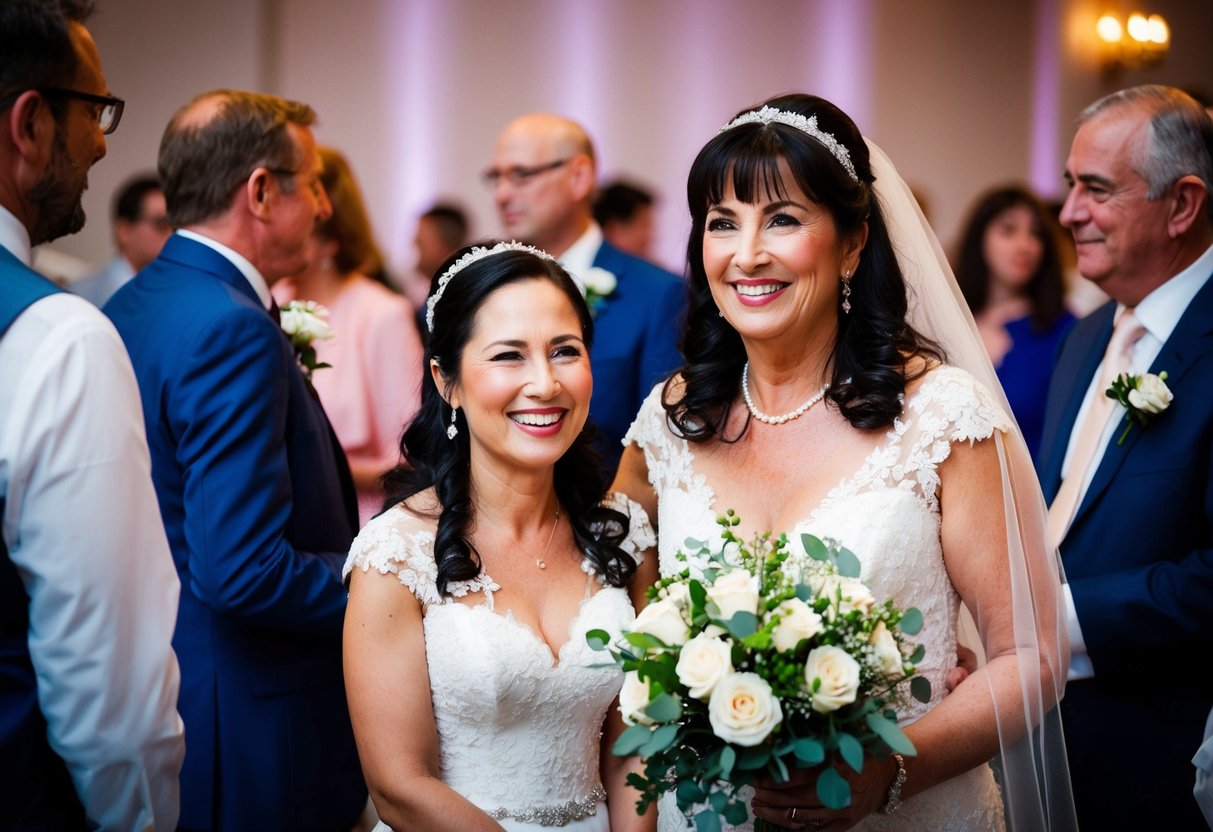 The mother of the bride stands beside her daughter, smiling and holding a bouquet, as they are surrounded by guests at the wedding reception
