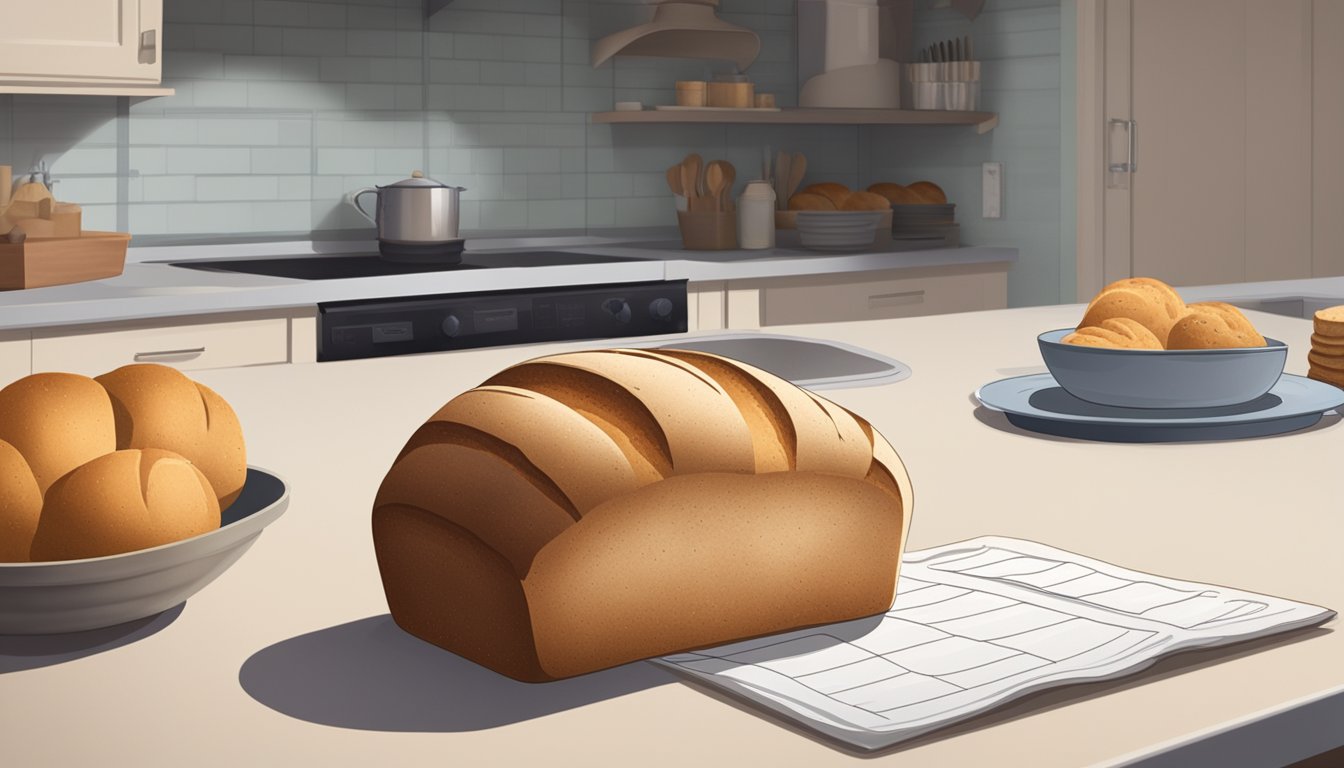 A loaf of bread sits on a kitchen counter, surrounded by a calendar showing the date four days prior. The bread appears slightly dried out and may have some mold spots